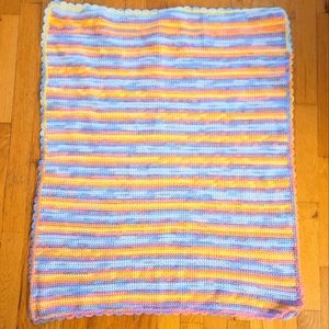 Hand Knit/Crocheted Multicolor Baby Afghan Blanket with Scalloped Edges‎